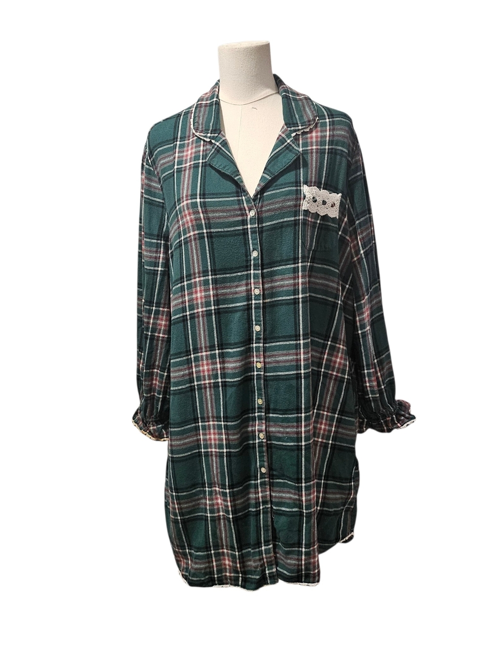 Eileen West Green Plaid Flannel Pajama Top with Red & White Stripes XL With Lace